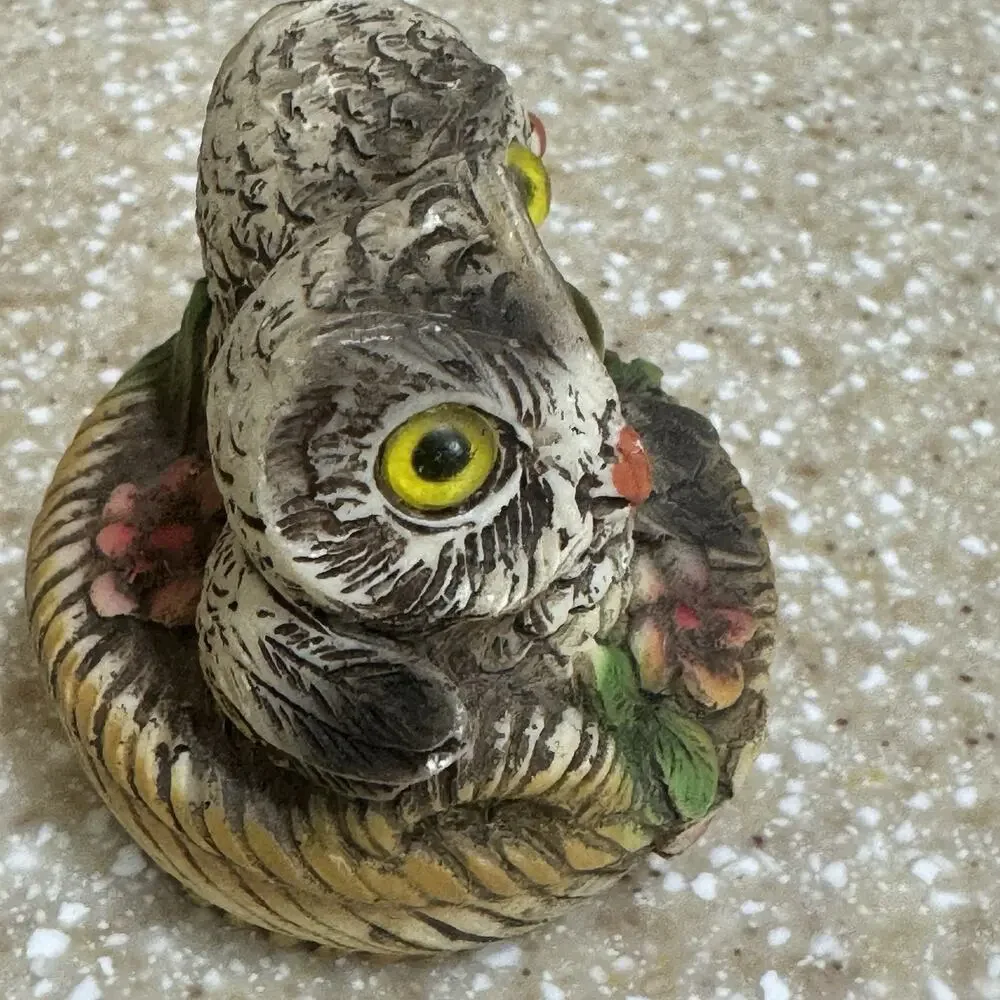 Vintage Mini Owlets Figurine Basket Owl Chicks Birds Cottagecore Handpainted
